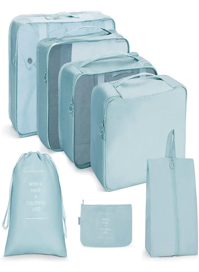 STESHWK Foldable Travel Luggage Organizer Storage Bags With 7 Set Packing Cubes with Shoe Bag for Travel Accessories (Sky Blue) - Image 1